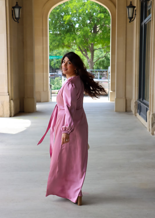 Rose Front Wrap Satin Maxi Dress