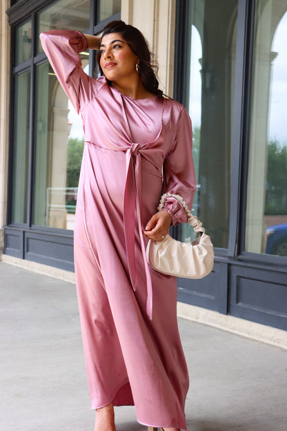 Rose Front Wrap Satin Maxi Dress