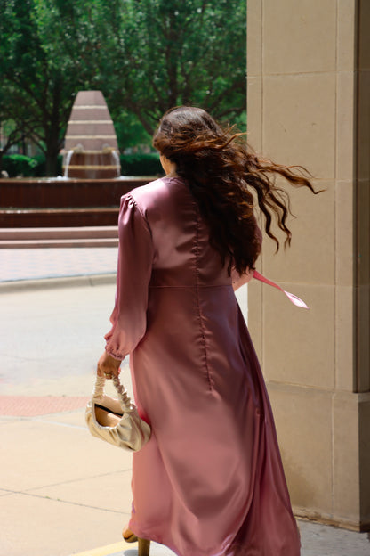 Rose Front Wrap Satin Maxi Dress